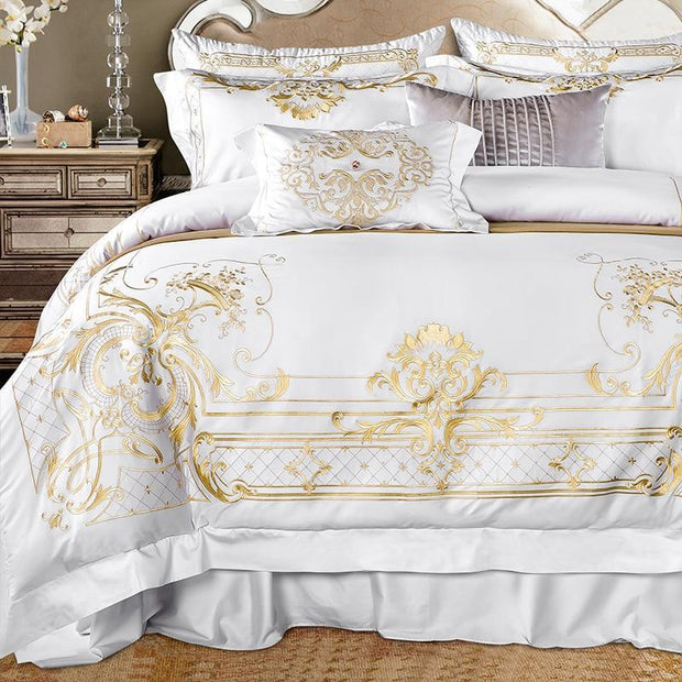 White Egyptian Cotton Bedding set US King Queen size Chic Golden Embroidery Bedding sets Super Soft Bed sheet set Duvet cover - World Clothing